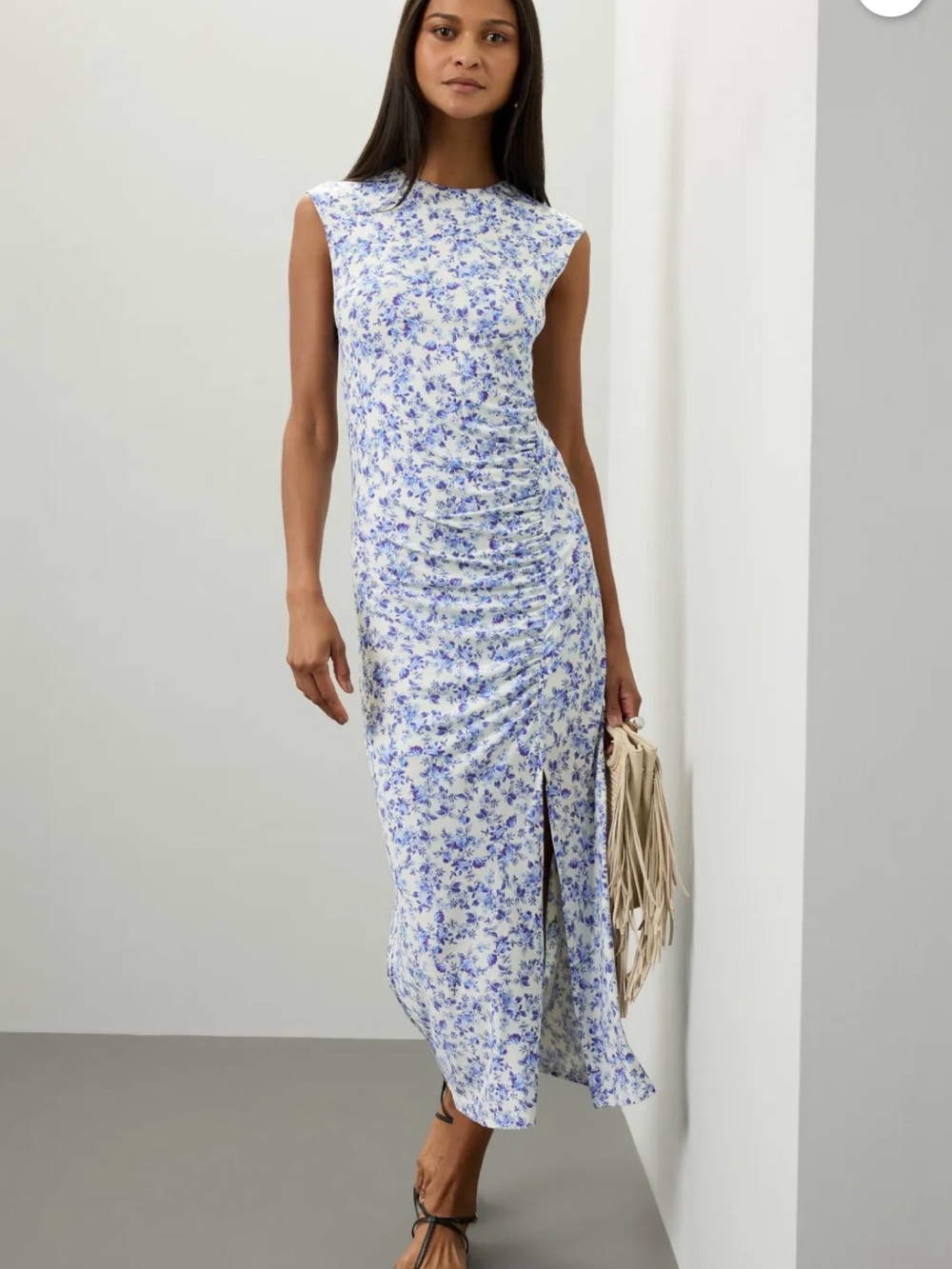 NWT Maje White and Blue Floral Sleeveless Ruched Maxi Dress Size 42 (US 10)